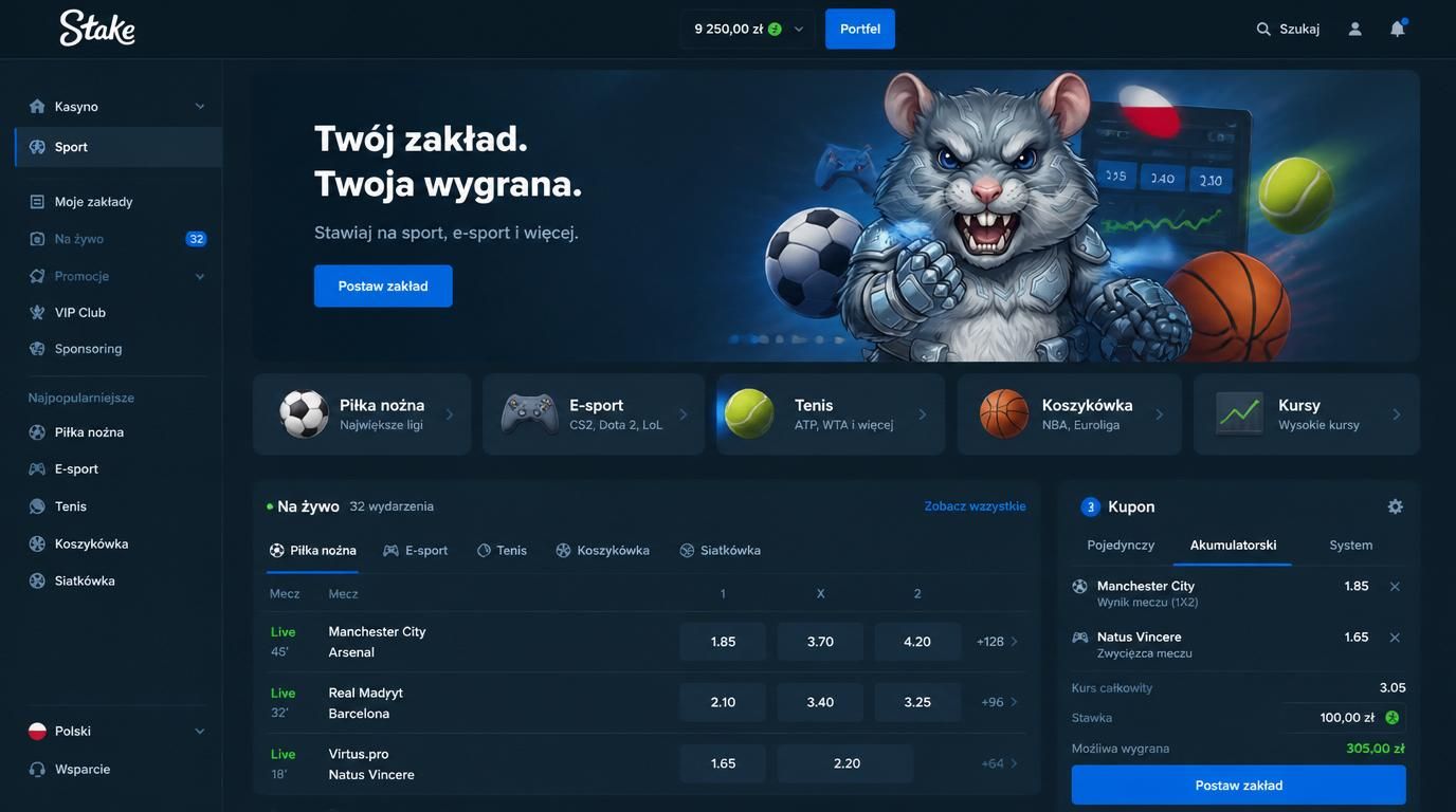 Interfejs z piłką nożną, e-sportem, tenisem i koszykówką oraz kursami zakładów sportowych.