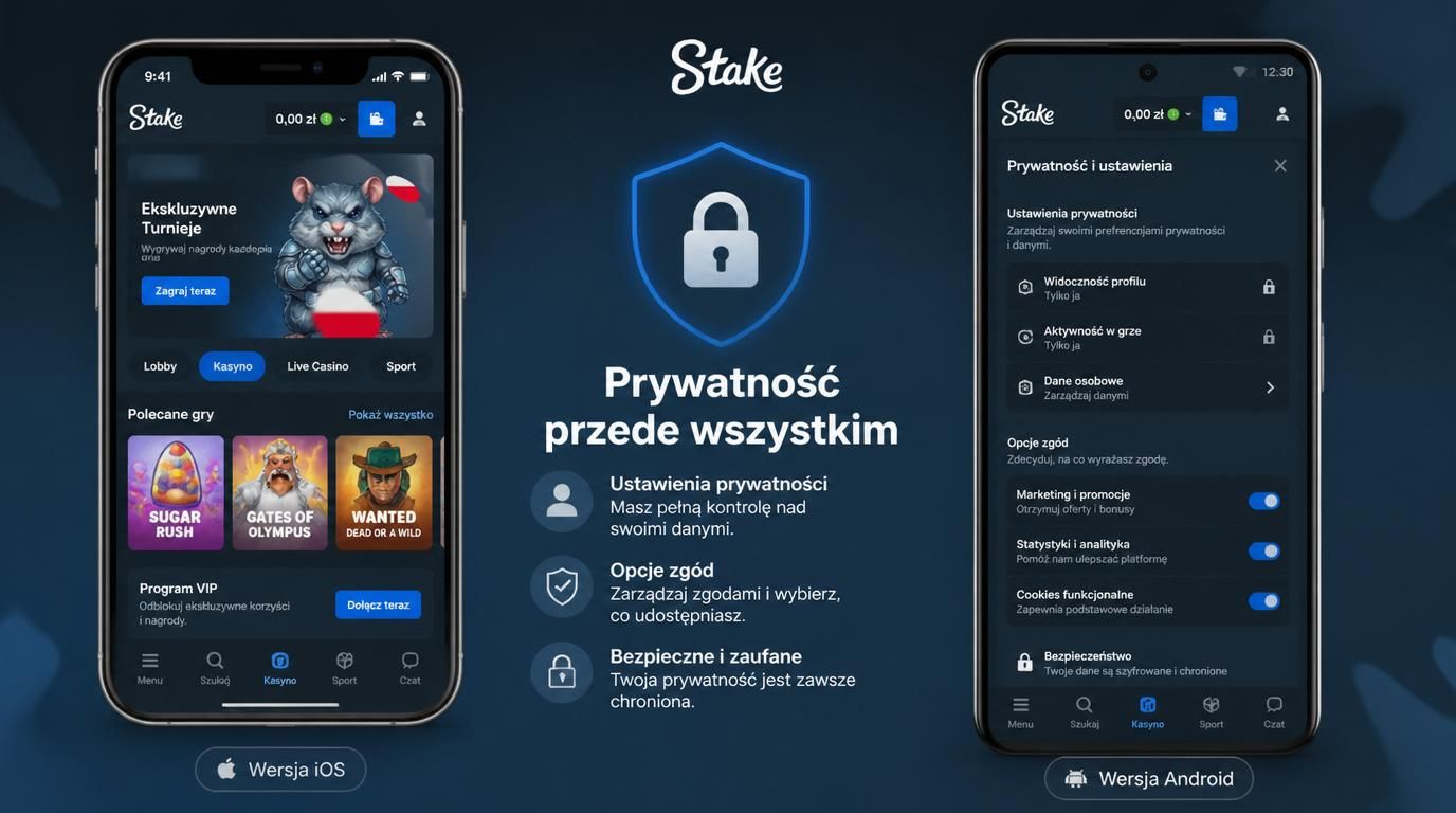 Interfejs aplikacji Stake na iOS i Androidzie pokazujący opcje prywatności