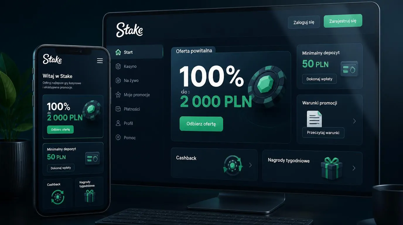 Panel oferty powitalnej 100% do 2 000 PLN z minimalnym depozytem 50 PLN i sekcją nagród tygodniowych