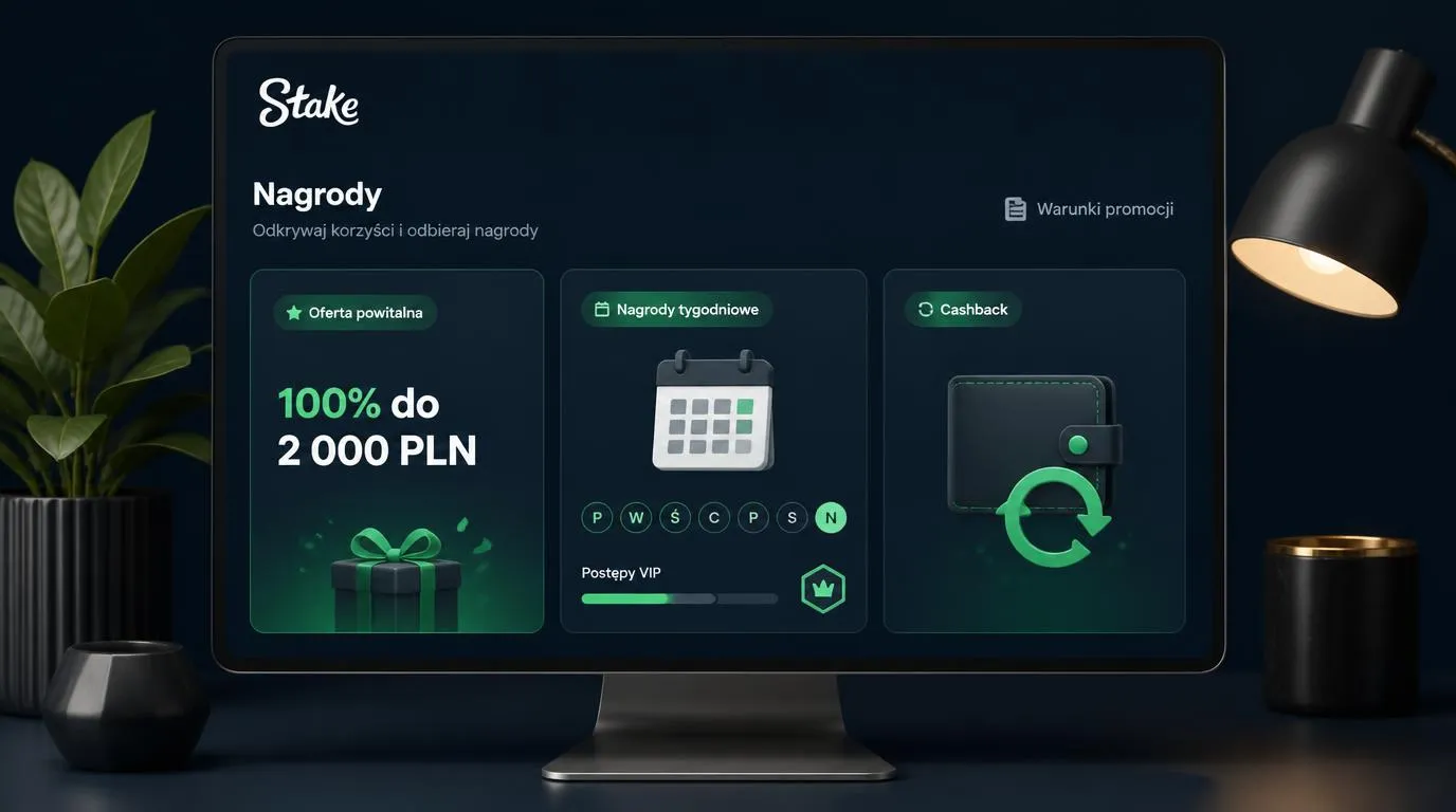 Panel nagród kasynowych z ofertą 100% do 2 000 PLN, kalendarzem tygodniowym i kartą cashback